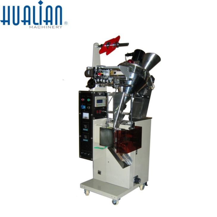 Maquina Envasadora vertical DXDF-100ZAX en operación, ideal para chocolates y semillas, con sistema de pesaje continuo.